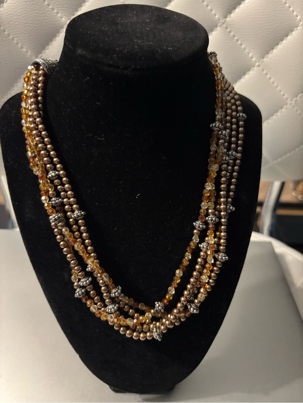 Vintage Kissaka Multi-Strand Bronze Faux Pearl & Amber Crystal Statement Neckla